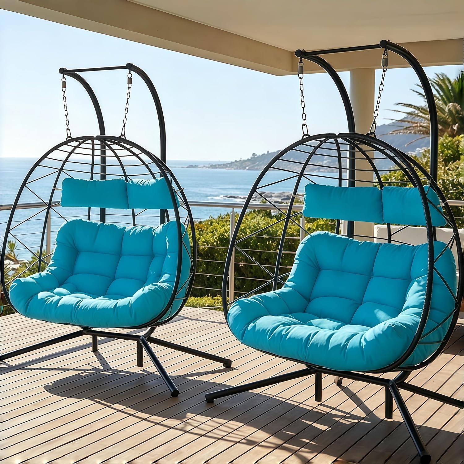 Outdoor Furniture Egg Chair - Set of 2 Wicker Hanging Egg